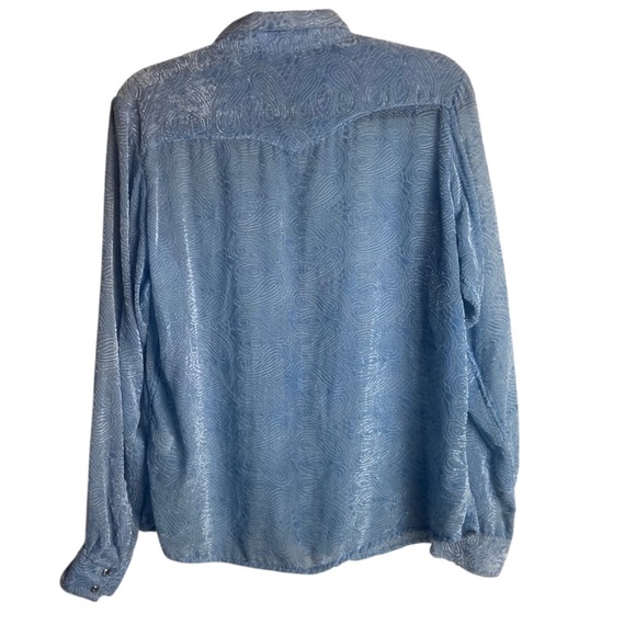Wrangler Size Large Powder Blue Rinestone Snap Down Shirt Velvet Burn Out Top - Picture 2 of 7